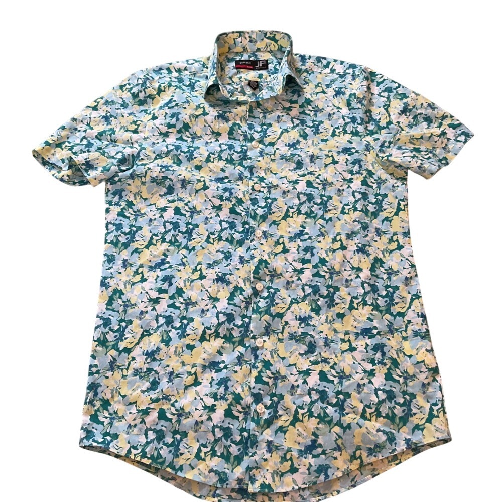 J Ferrar Mens Slim Fit Stretch Floral Short Sleeve Button Down Shirt Blue Yellow